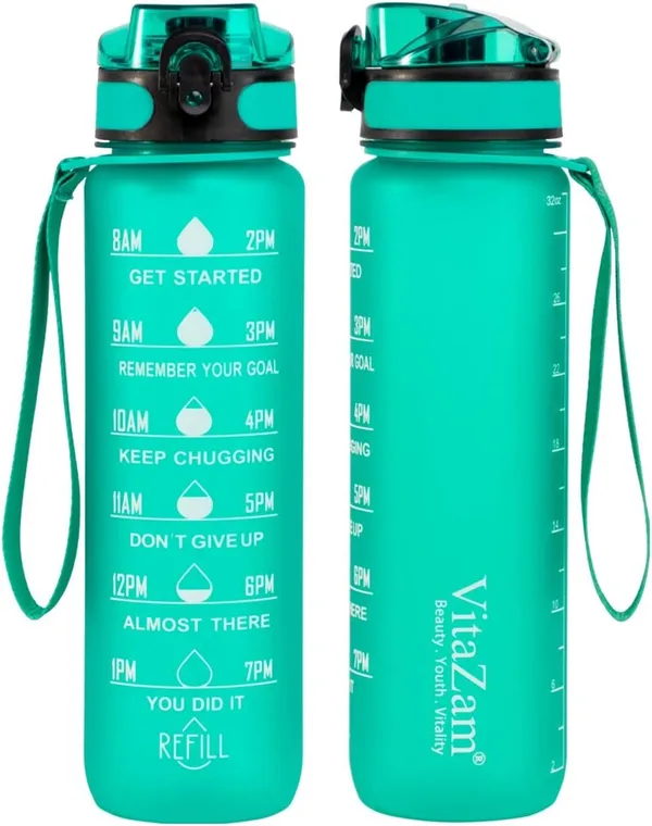 VitaZam New 1 Litre Water Bottle, Motivational Water Bottle with Time Markings, BPA Free, Leak Proof Lock Cover and Bottle Brush, Bottle for Gym, School/Office, Sports and Outdoor